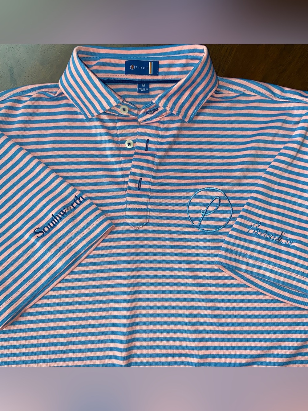 Stitch Golf Polo Shirt Men Medium M Pink Blue Stripe Southworth Paradise Golfing